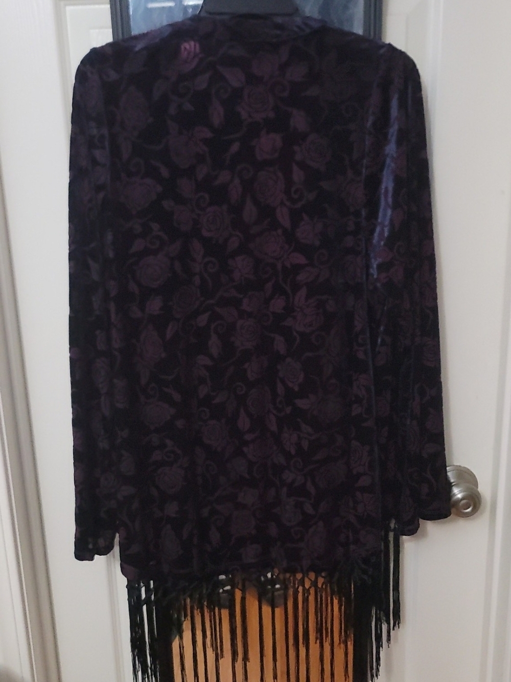 Hot Topic Purple Velvet Floral Fringe Cardigan